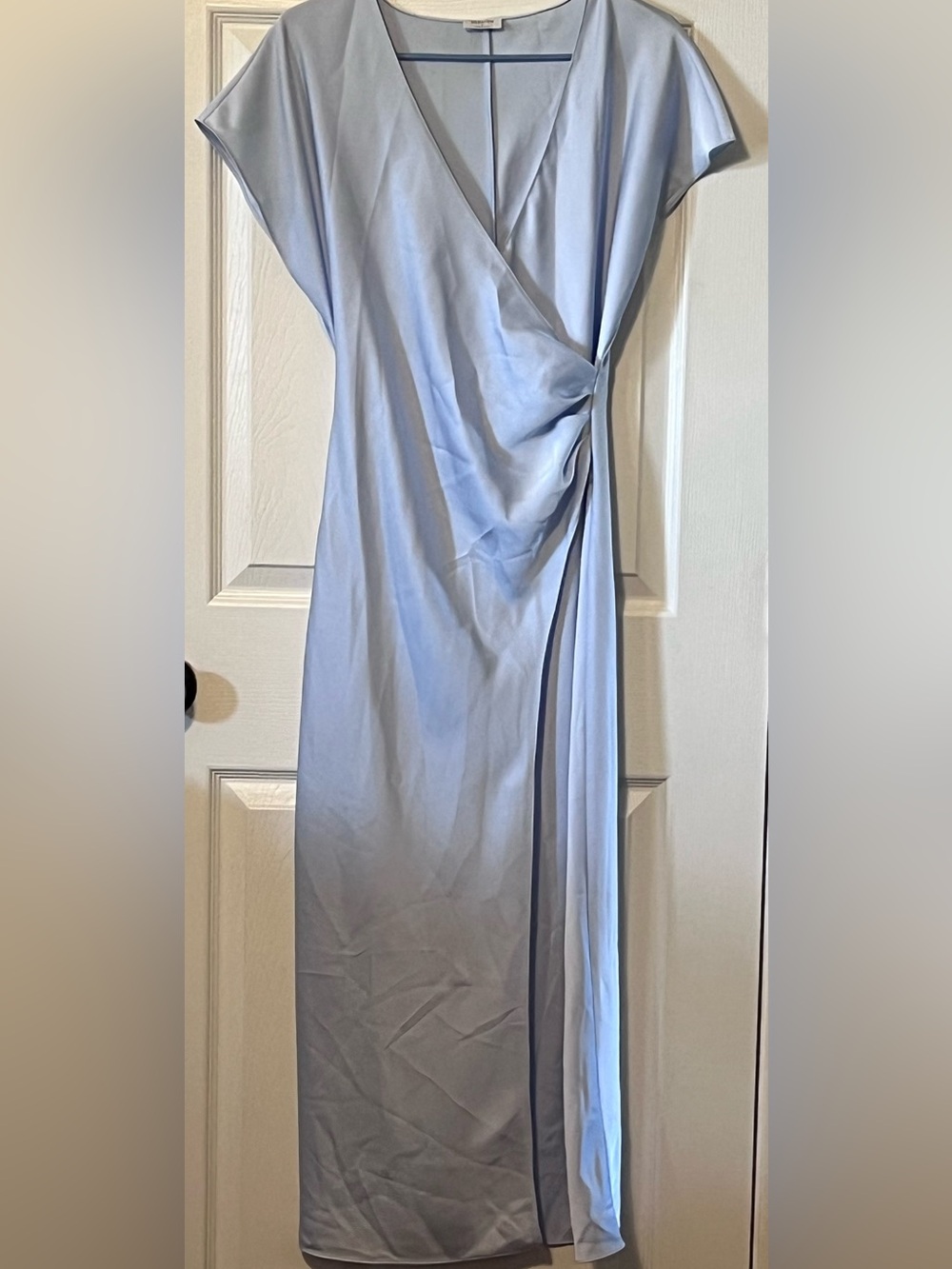 Aritzia Babaton Closing Satin Dress Blue Draped Wrap Midi Size S
